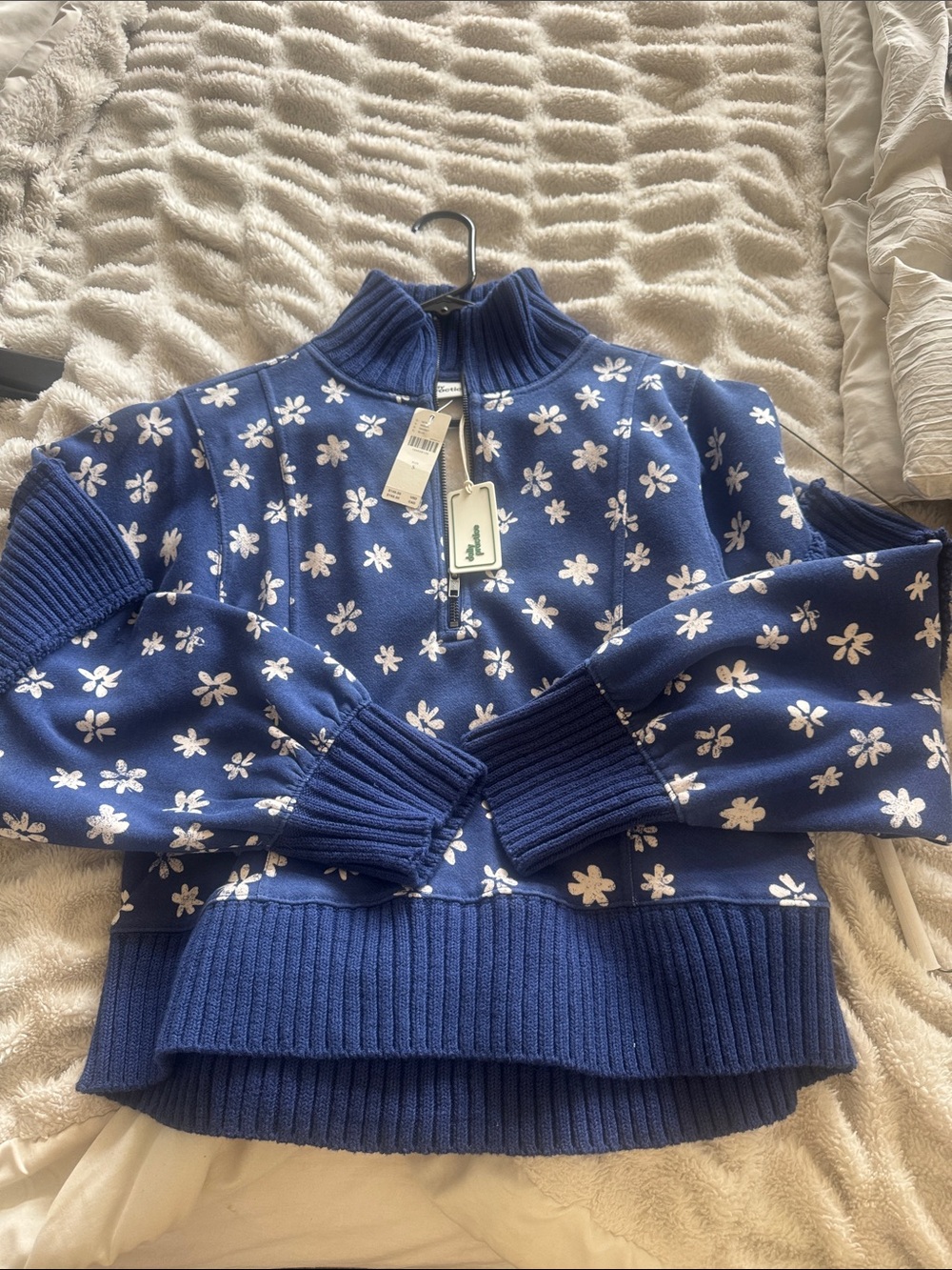 Anthropologie Navy Blue Floral Half-Zip Turtleneck Sweater
